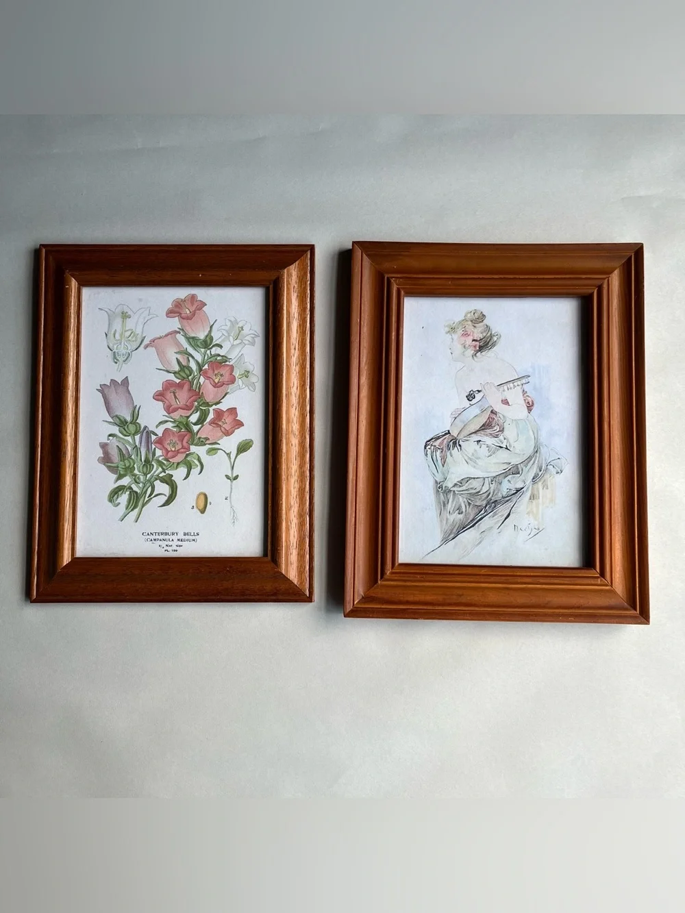 Vintage Honey Tone Wood Picture Photo Frames w/ Fine Art Prints-Set of 2